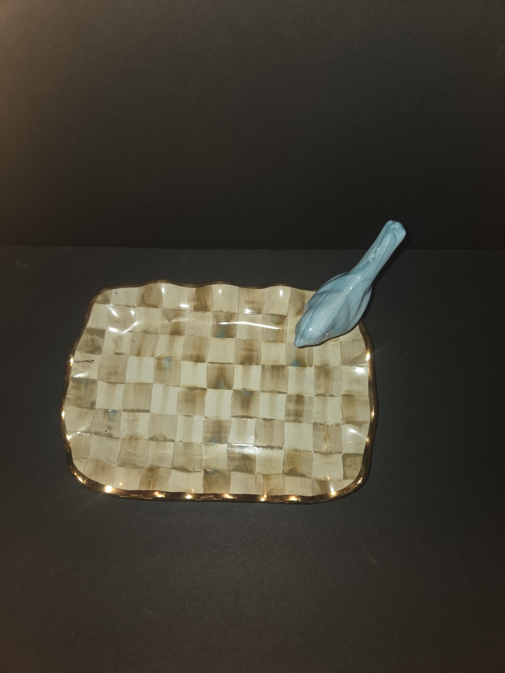 Mackenzie Childs Parchment Check Vanity Tray with Blue Bird New And Retired